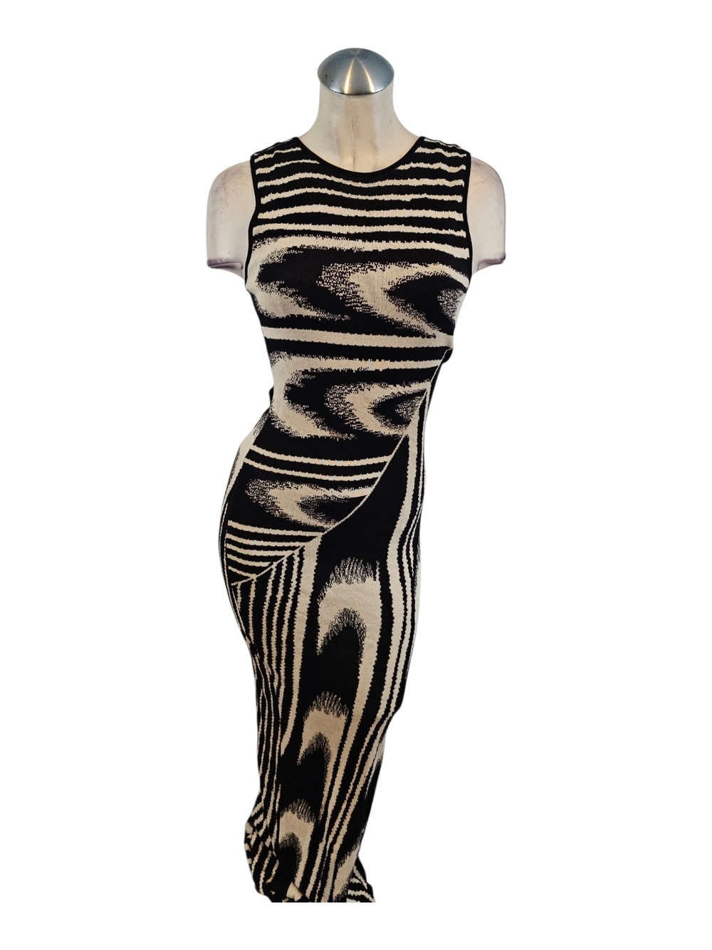 Lilly's Kloset Size L Patterned Maxi Dress Bodycon Black Cream Sleeveless